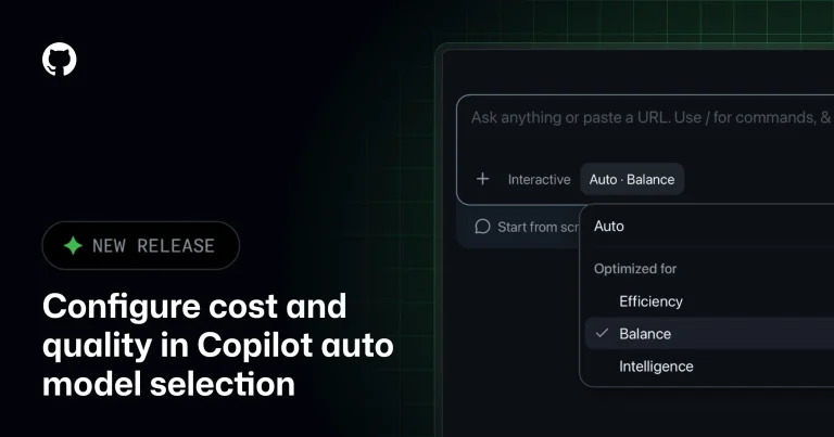 Интерфейс выбора уровня Auto Model Selection в GitHub Copilot с тремя опциями: Efficiency, Balance, Intelligence