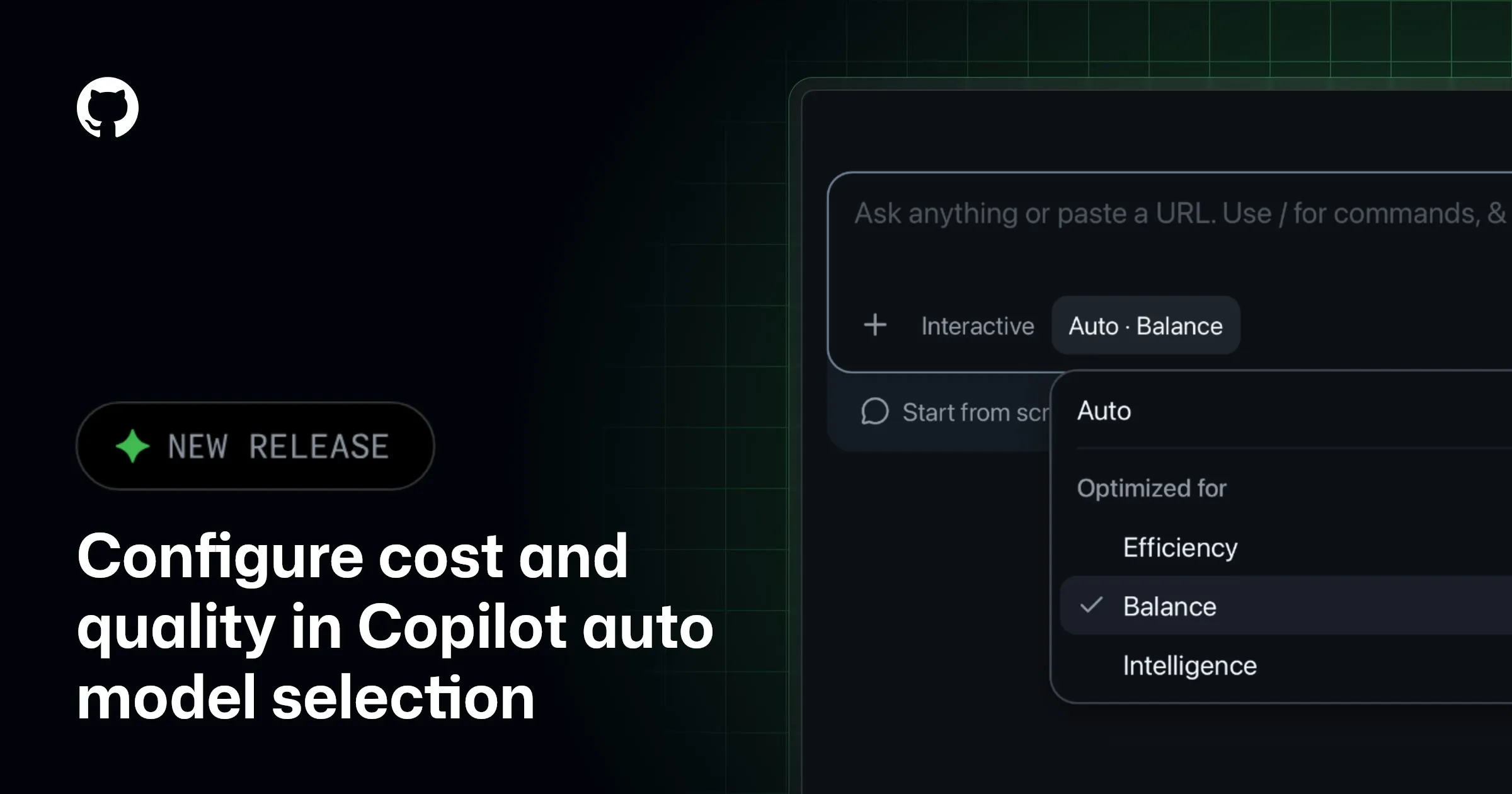 Интерфейс выбора уровня Auto Model Selection в GitHub Copilot с тремя опциями: Efficiency, Balance, Intelligence