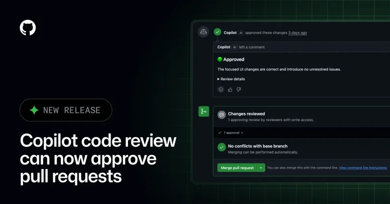 Интерфейс GitHub Copilot Code Review с оценкой pull request и фирменной обложкой COMRAD404