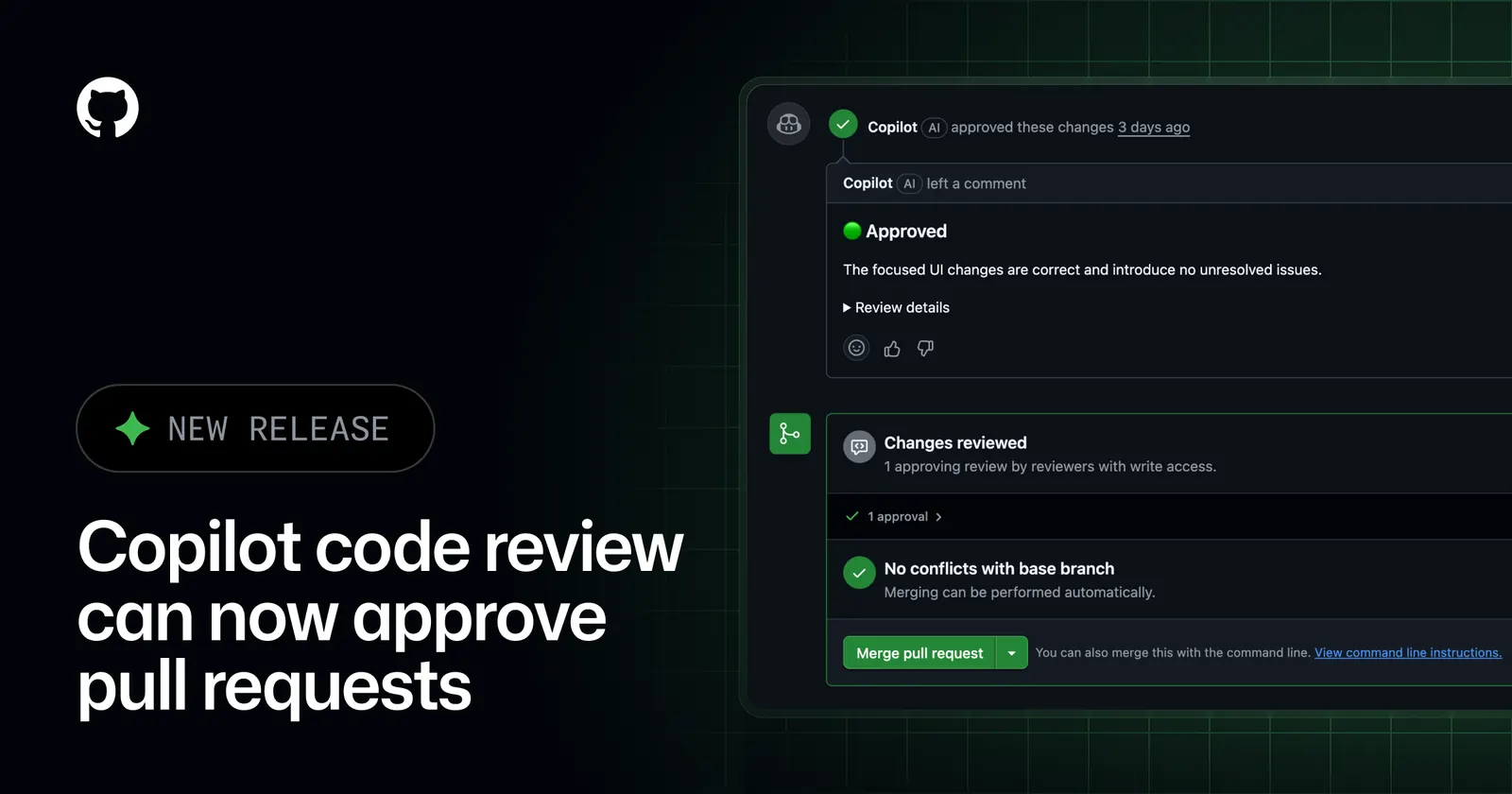 Интерфейс GitHub Copilot Code Review с оценкой pull request и фирменной обложкой COMRAD404