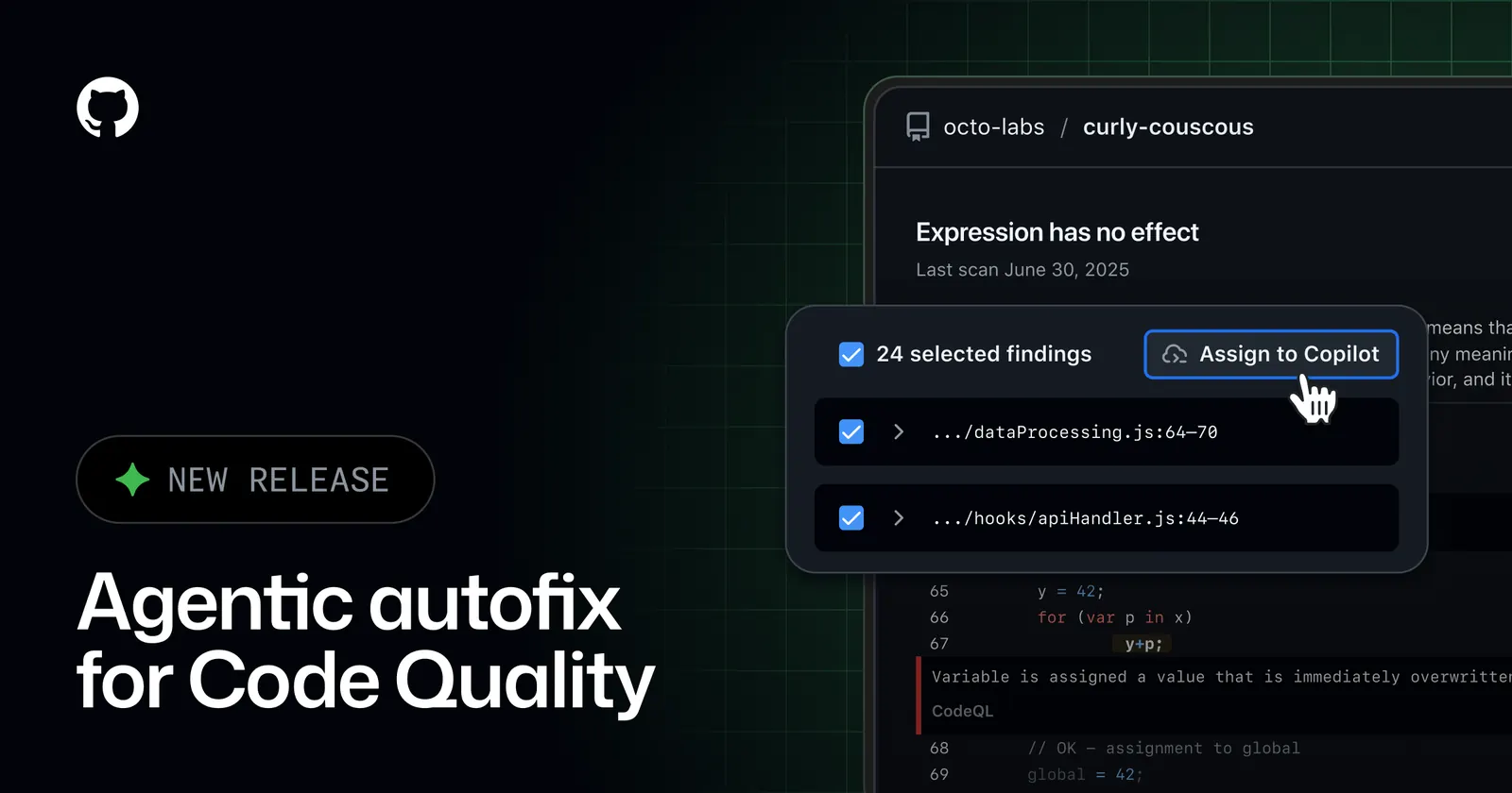 Интерфейс GitHub Code Quality с выбранными находками и действием Assign to Copilot