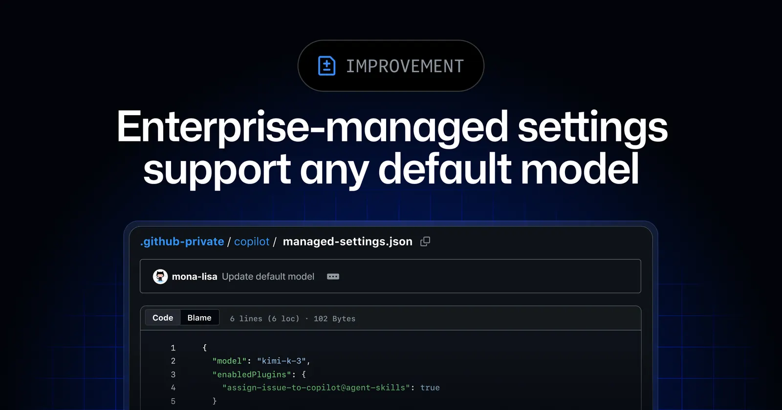 Интерфейс корпоративных настроек GitHub Copilot с выбором модели по умолчанию