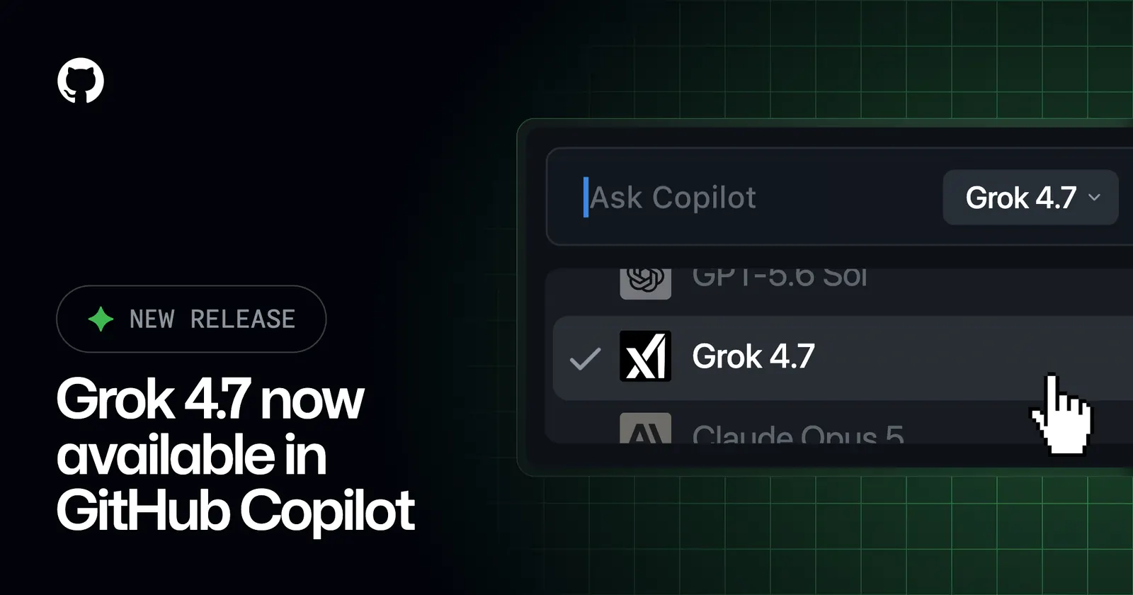 Интерфейс выбора модели Grok 4.7 в GitHub Copilot
