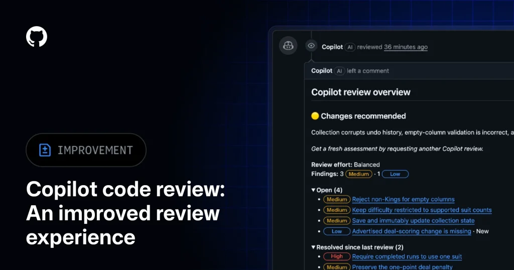 Интерфейс GitHub Copilot code review с обзором замечаний в pull request