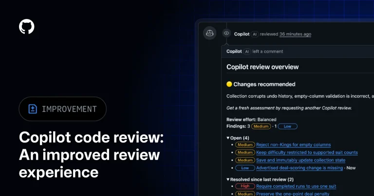 Интерфейс GitHub Copilot code review с обзором замечаний в pull request