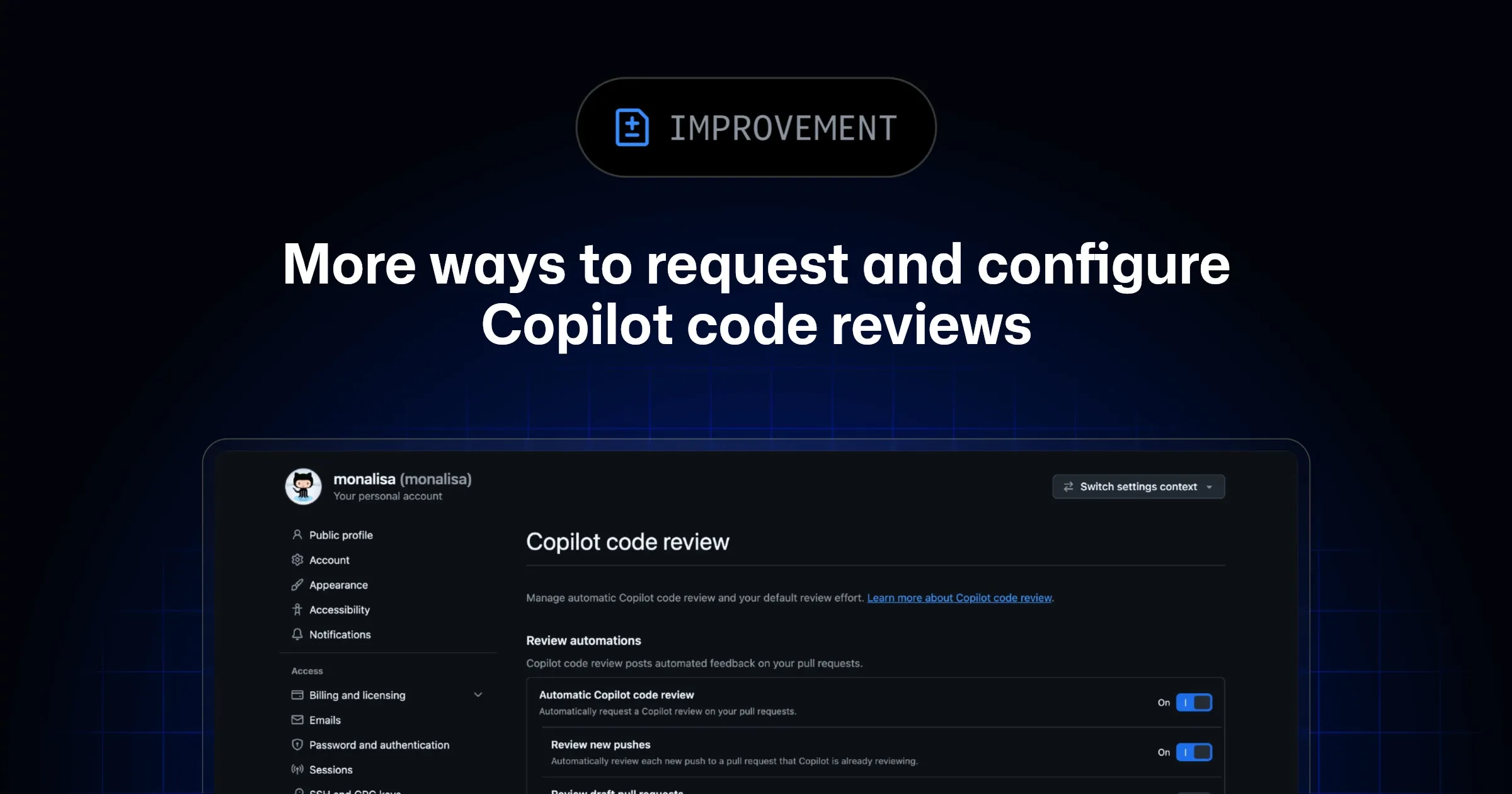 Страница настроек GitHub Copilot Code Review с выбором уровня анализа