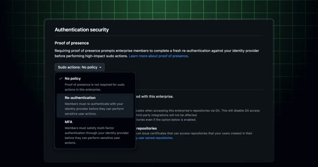 Настройки безопасности GitHub Enterprise Cloud с повторной аутентификацией через Microsoft Entra ID