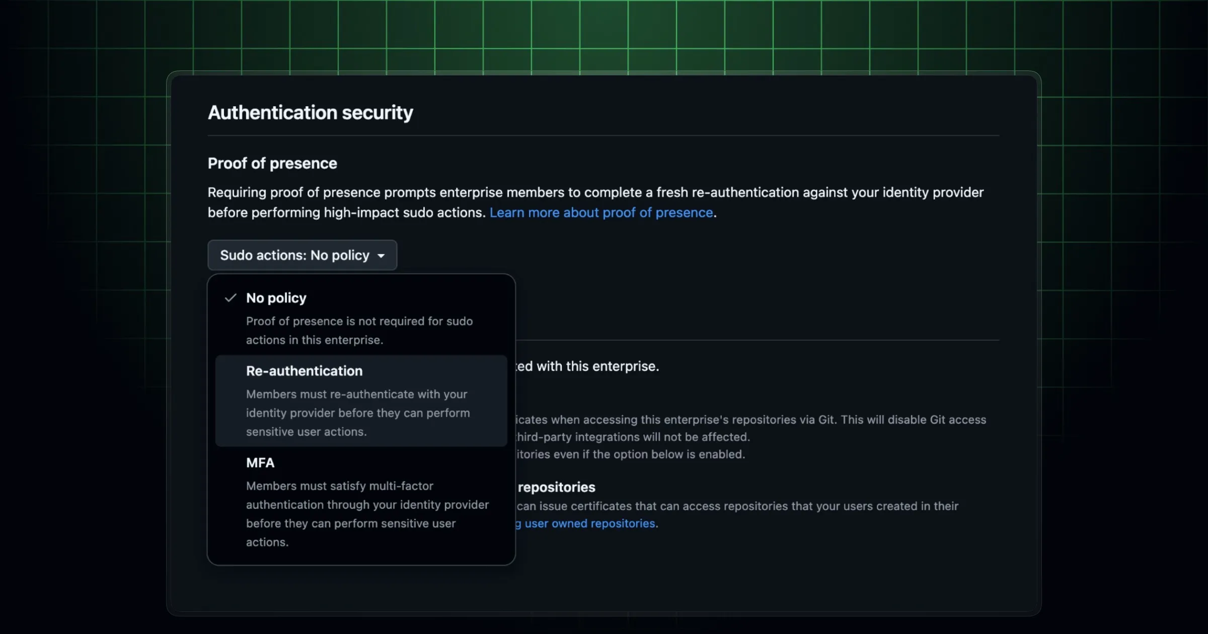 Настройки безопасности GitHub Enterprise Cloud с повторной аутентификацией через Microsoft Entra ID
