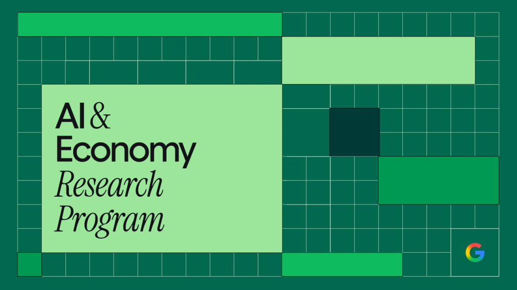 Логотип программы Google AI & Economy Research на зелёном фоне с сеткой и графическим элементом данных