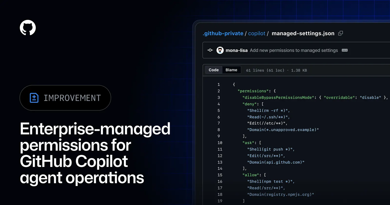 Интерфейс управления разрешениями GitHub Copilot Enterprise с настройками агентных операций
