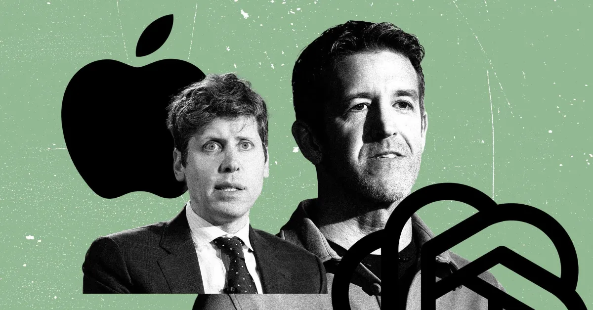Логотипы Apple и OpenAI на фоне абстрактной схемы конфиденциальных данных и устройств