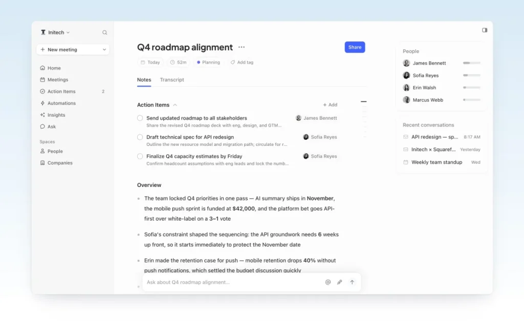 Интерфейс приложения Circleback для автоматической транскрипции и создания заметок встреч