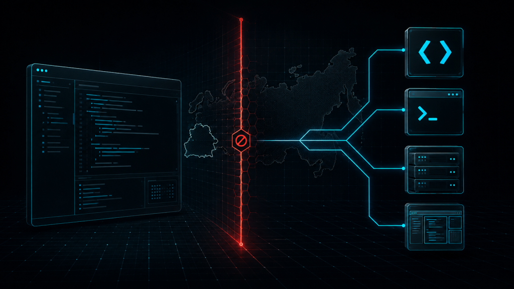 AI-редактор кода перед красным региональным барьером и несколько путей к альтернативным редакторам, терминалу и локальному серверу