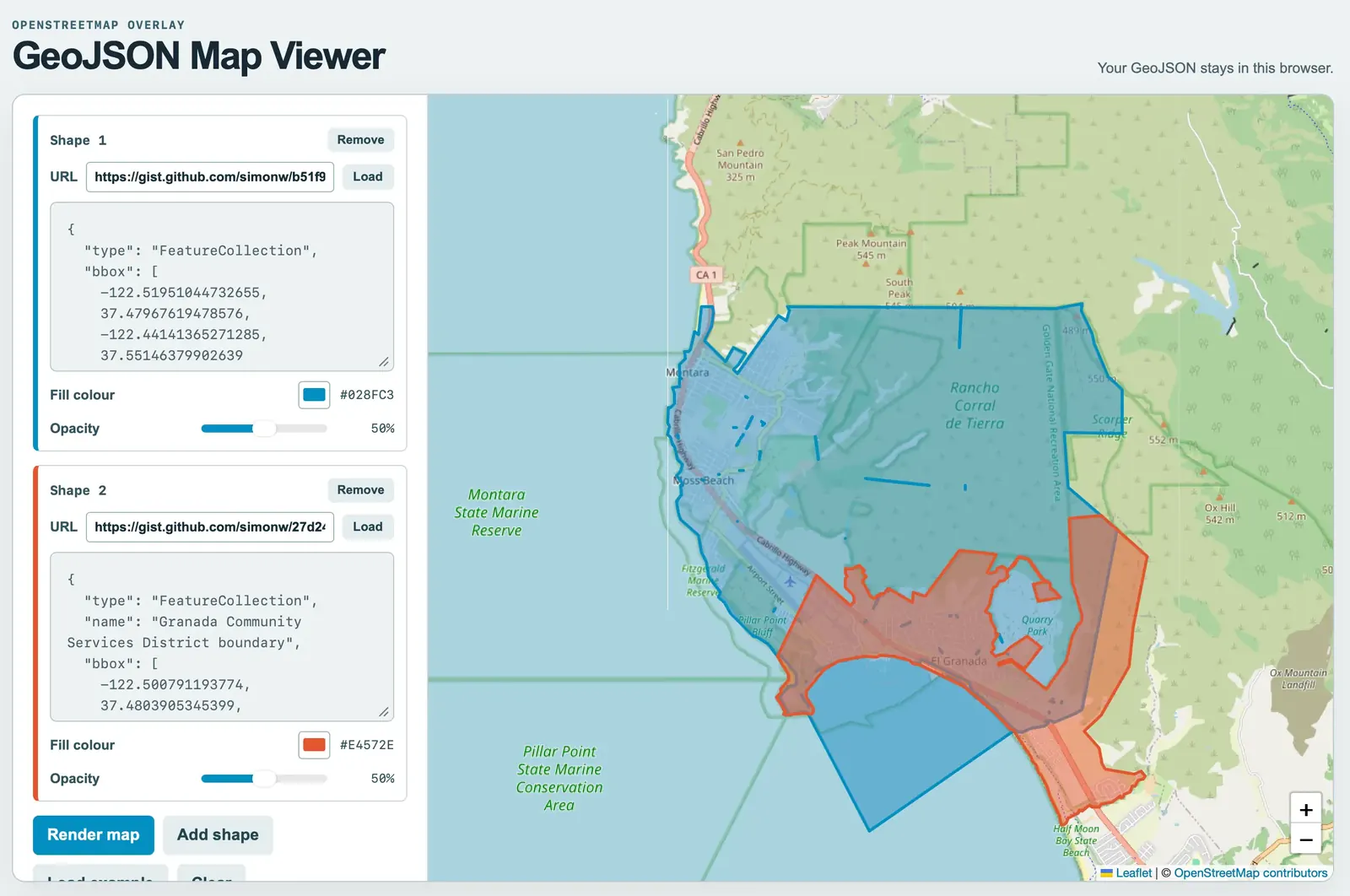 Интерфейс GeoJSON Map Viewer с картой и полигонами GeoJSON