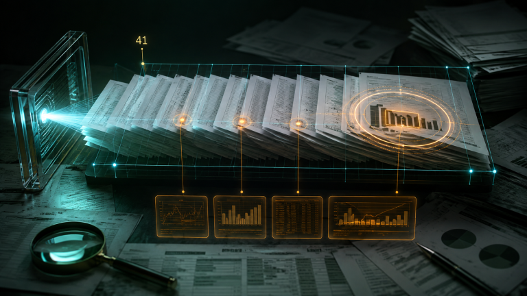 AI-система проверяет стопку финансовых документов и отмечает четыре расхождения