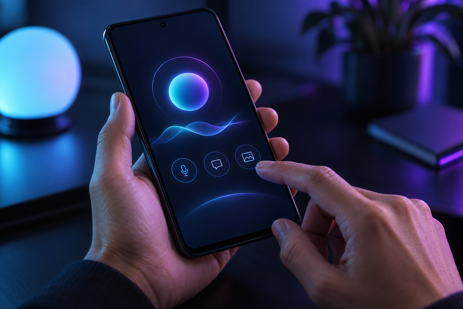 Пользователь работает с ИИ на Android-смартфоне