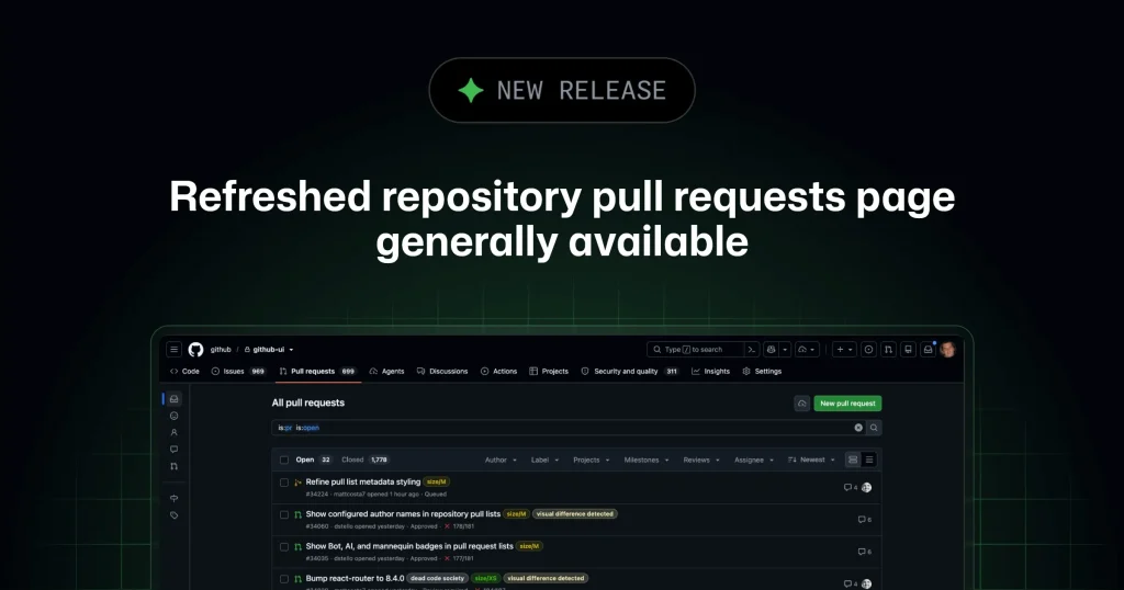 Обновлённая страница пул-реквестов в репозитории GitHub