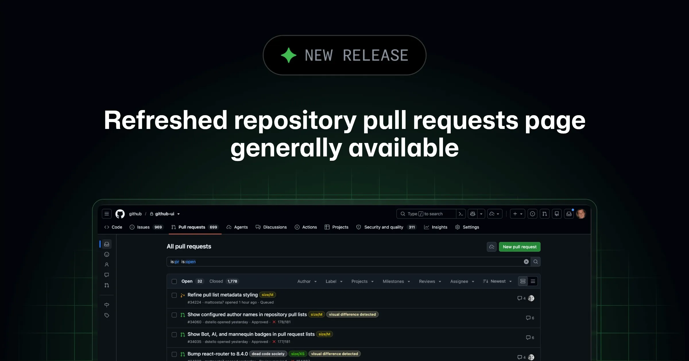Обновлённая страница пул-реквестов в репозитории GitHub