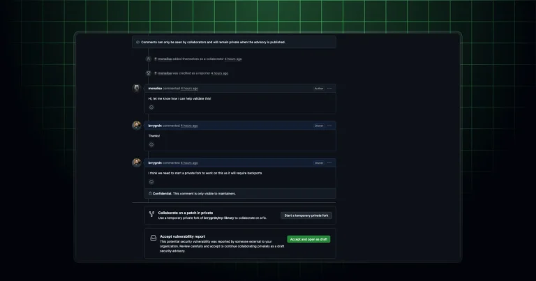Интерфейс GitHub с конфиденциальным комментарием в security advisory