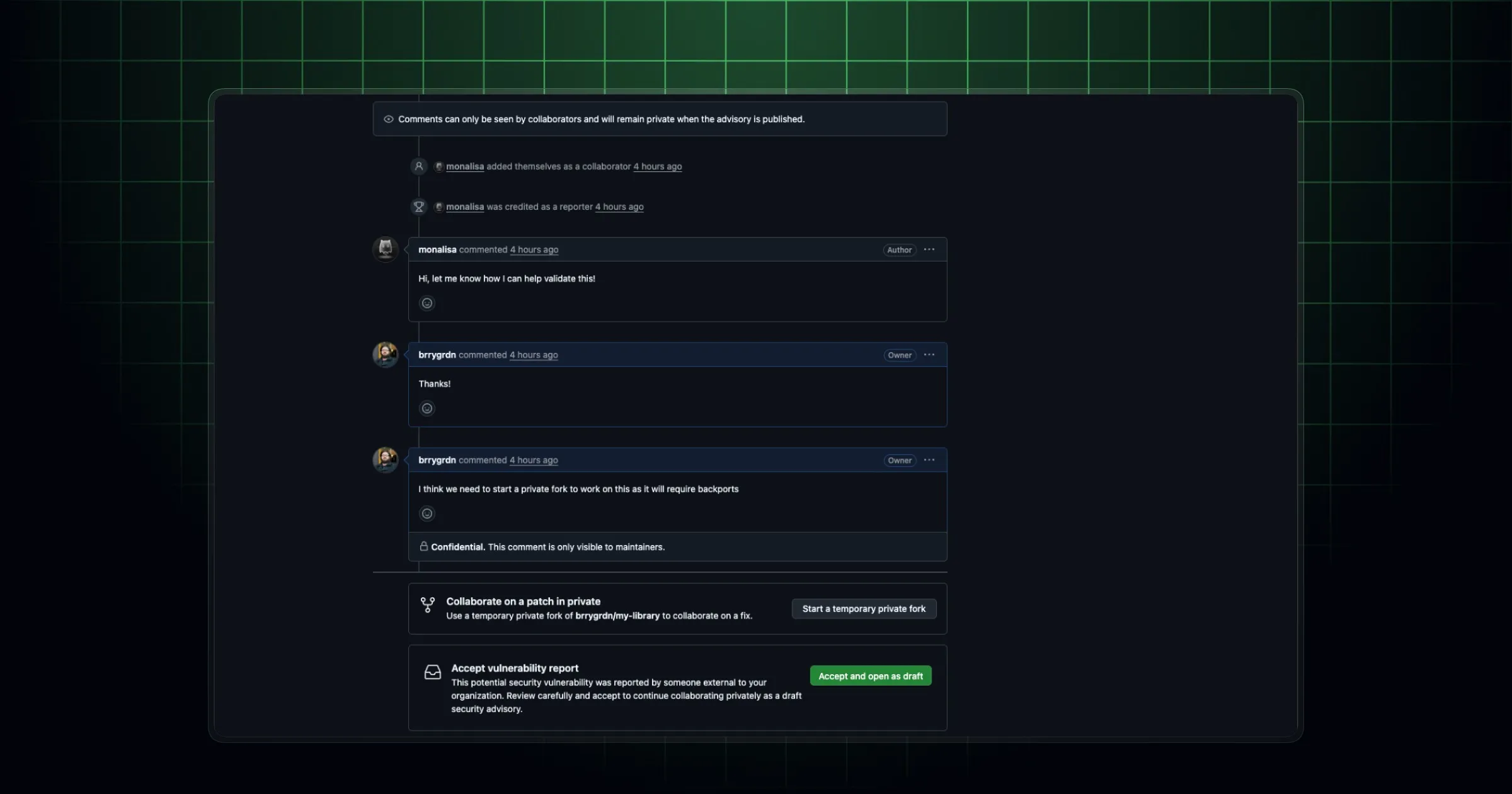 Интерфейс GitHub с конфиденциальным комментарием в security advisory