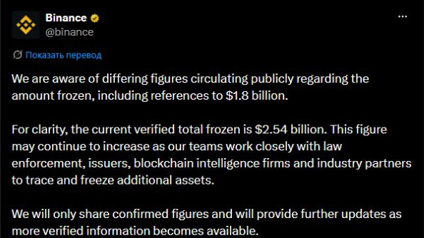 Снимок сообщения Binance о заморозке $2,54 млрд