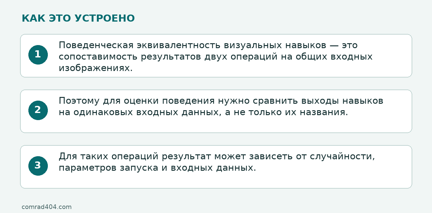 Схема: Поведенческая эквивалентность визуальных навыков — это сопоставимость результатов двух операций на общих входных изображениях.; Поэтому для оценки поведения нужно сравнить выходы навыков на одинаковых входных данных, а не только их названия.; Для таких операций результат может зависеть от случайности, параметров запуска и входных данных.