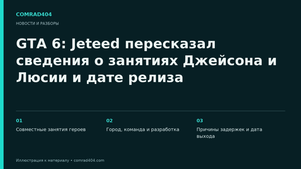 GTA 6: Jeteed пересказал сведения о занятиях Джейсона и Люсии и дате релиза. Тематическая карточка Comrad404.