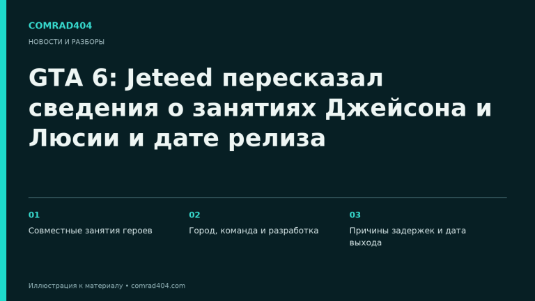 GTA 6: Jeteed пересказал сведения о занятиях Джейсона и Люсии и дате релиза. Тематическая карточка Comrad404.