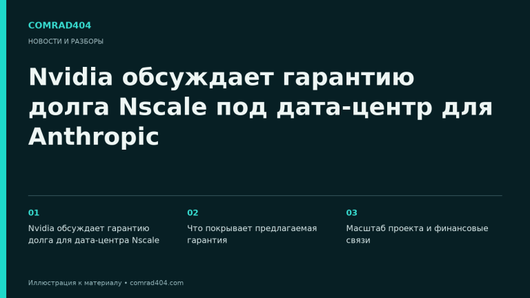 Nvidia обсуждает гарантию долга Nscale под дата-центр для Anthropic. Тематическая карточка Comrad404.