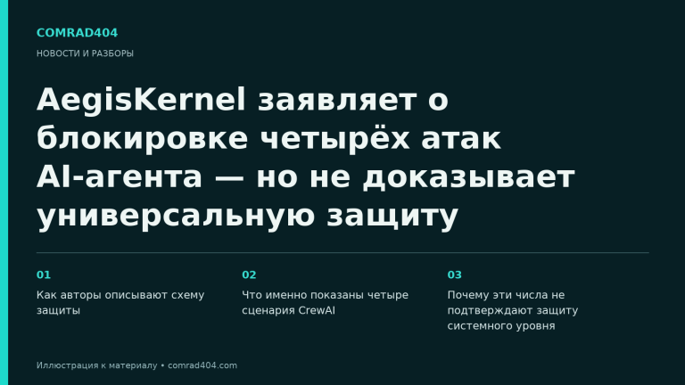 AegisKernel заявляет о блокировке четырёх атак AI-агента — но не доказывает универсальную защиту. Тематическая карточка Comrad404.