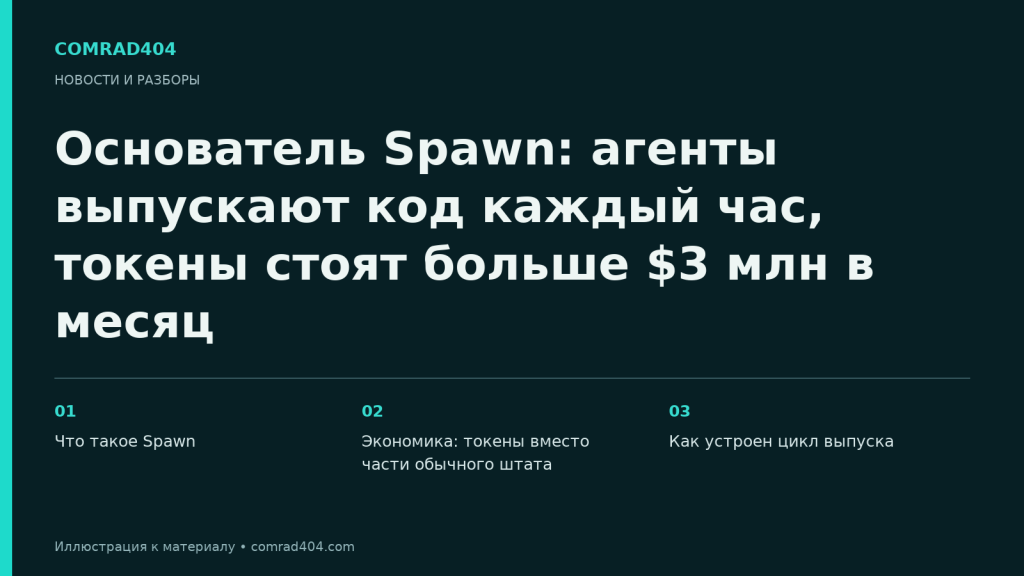 Основатель Spawn: агенты выпускают код каждый час, токены стоят больше $3 млн в месяц. Тематическая карточка Comrad404.