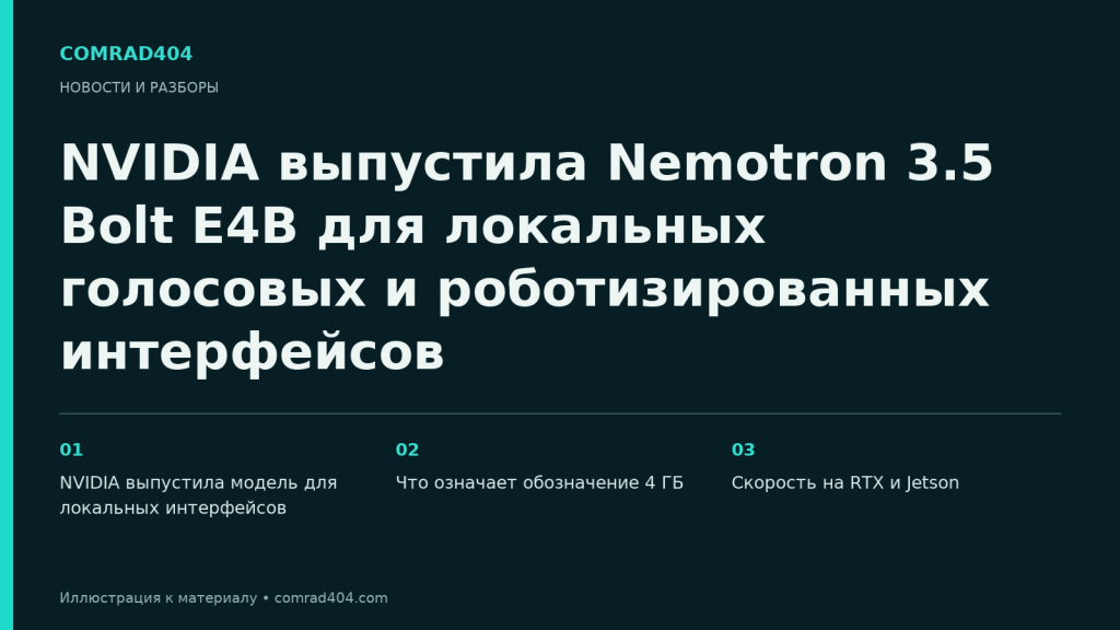 NVIDIA выпустила Nemotron 3.5 Bolt E4B для локальных голосовых и роботизированных интерфейсов. Тематическая карточка Comrad404.
