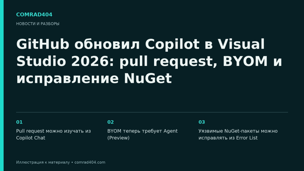 GitHub обновил Copilot в Visual Studio 2026: pull request, BYOM и исправление NuGet. Тематическая карточка Comrad404.