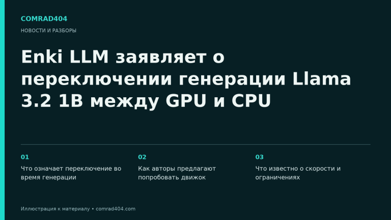Enki LLM заявляет о переключении генерации Llama 3.2 1B между GPU и CPU. Тематическая карточка Comrad404.