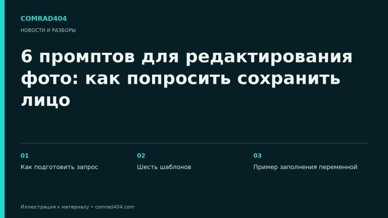 6 промптов для редактирования фото: как попросить сохранить лицо. Тематическая карточка Comrad404.