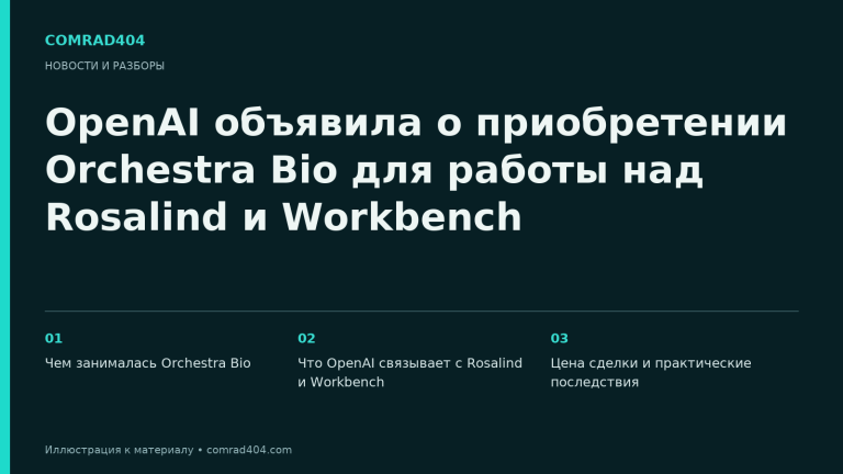 OpenAI объявила о приобретении Orchestra Bio для работы над Rosalind и Workbench. Тематическая карточка Comrad404.
