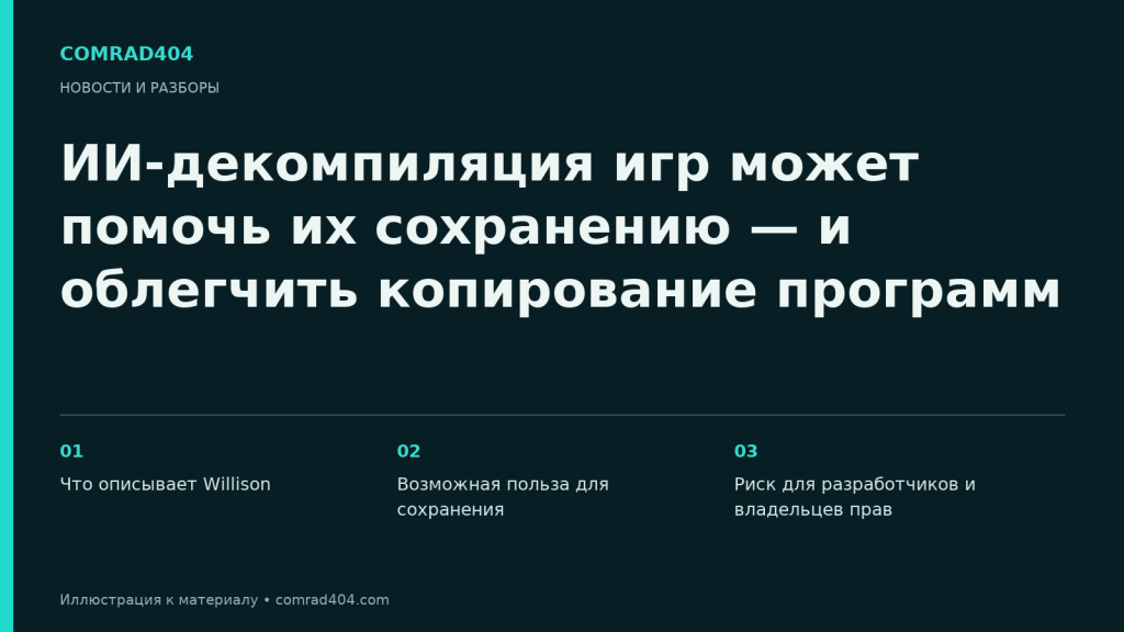 ИИ-декомпиляция игр может помочь их сохранению — и облегчить копирование программ. Тематическая карточка Comrad404.