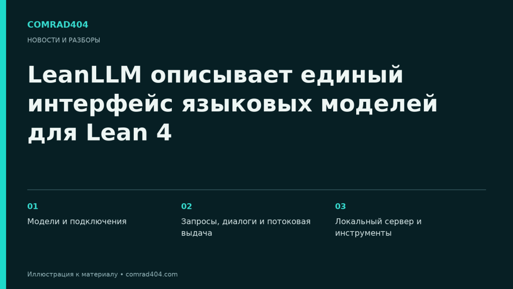 LeanLLM описывает единый интерфейс языковых моделей для Lean 4. Тематическая карточка Comrad404.
