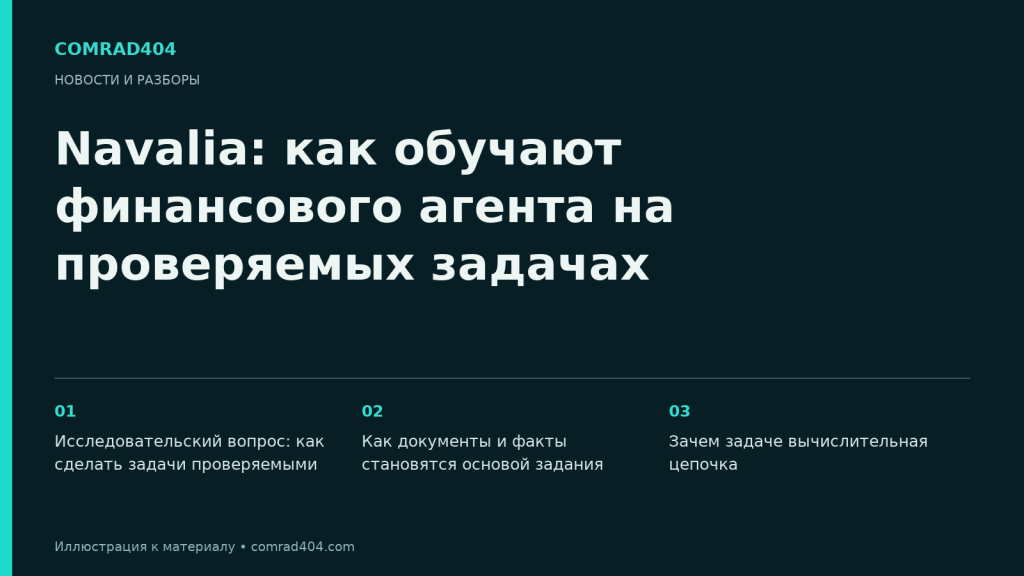 Navalia: как обучают финансового агента на проверяемых задачах. Тематическая карточка Comrad404.