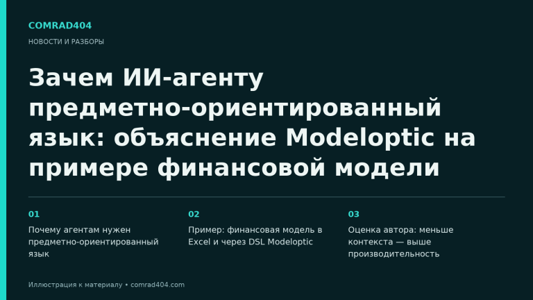 Зачем ИИ-агенту предметно-ориентированный язык: объяснение Modeloptic на примере финансовой модели. Тематическая карточка Comrad404.