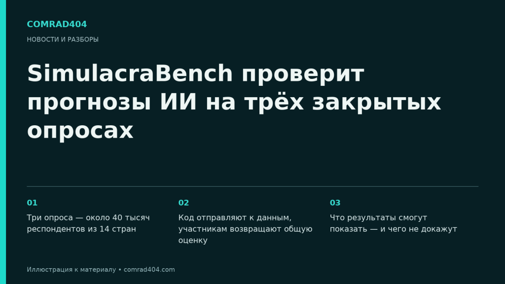 SimulacraBench проверит прогнозы ИИ на трёх закрытых опросах. Тематическая карточка Comrad404.