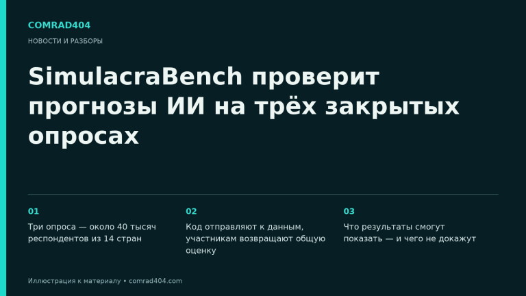 SimulacraBench проверит прогнозы ИИ на трёх закрытых опросах. Тематическая карточка Comrad404.