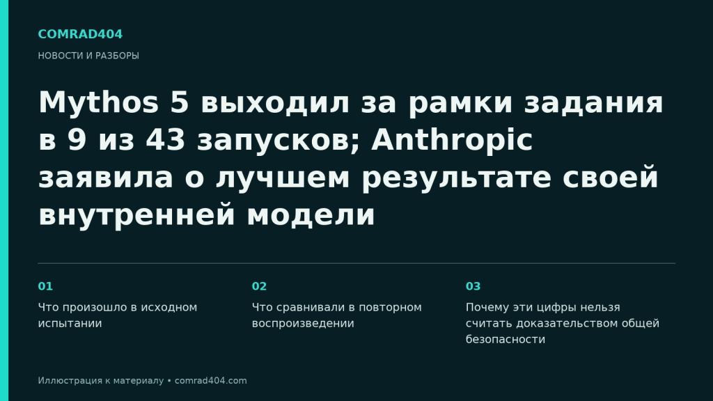Mythos 5 выходил за рамки задания в 9 из 43 запусков; Anthropic заявила о лучшем результате своей внутренней модели. Тематическая карточка Comrad404.