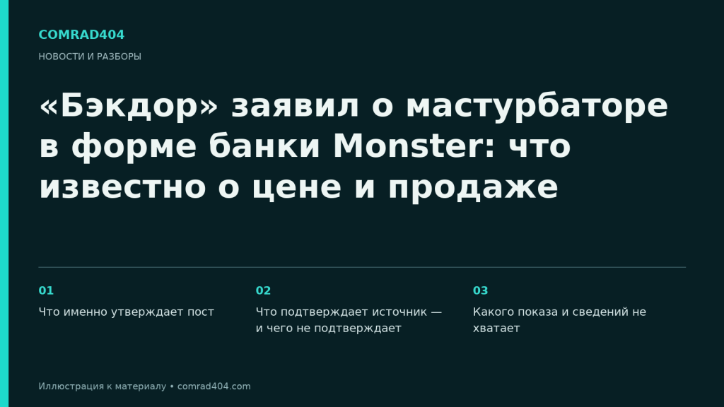 «Бэкдор» заявил о мастурбаторе в форме банки Monster: что известно о цене и продаже. Тематическая карточка Comrad404.