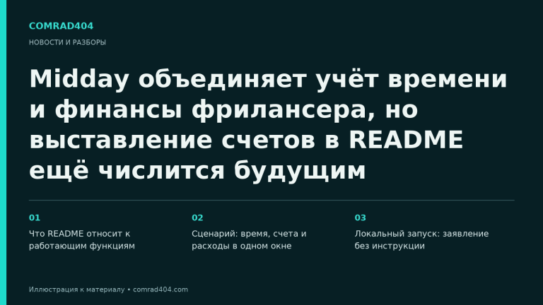 Midday объединяет учёт времени и финансы фрилансера, но выставление счетов в README ещё числится будущим. Тематическая карточка Comrad404.