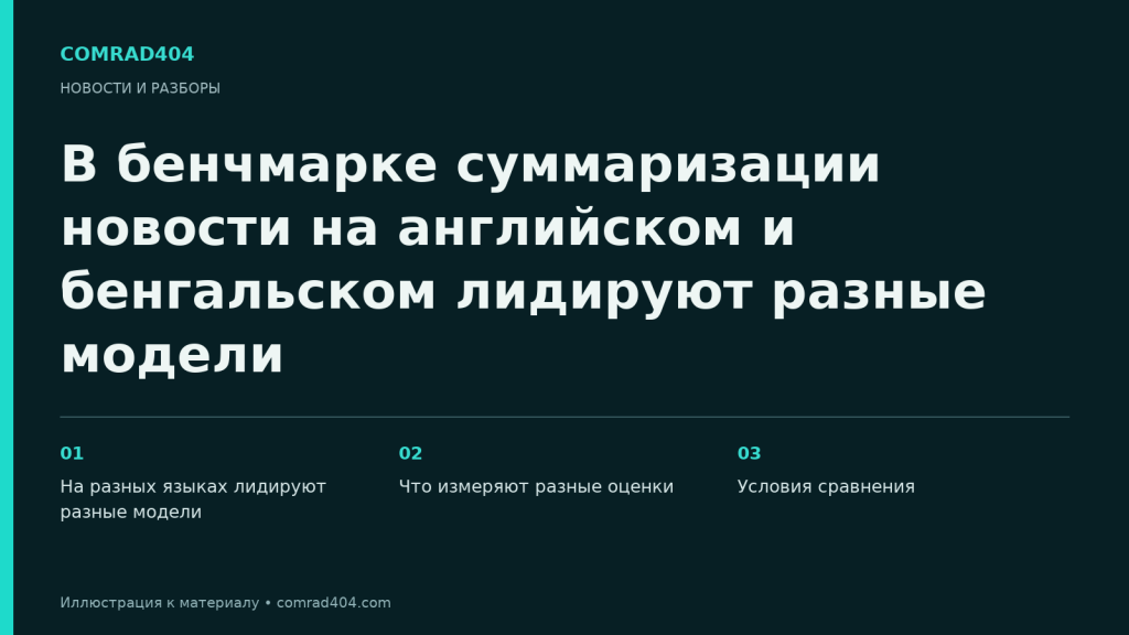 В бенчмарке суммаризации новости на английском и бенгальском лидируют разные модели. Тематическая карточка Comrad404.
