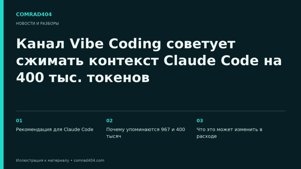 Канал Vibe Coding советует сжимать контекст Claude Code на 400 тыс. токенов. Тематическая карточка Comrad404.