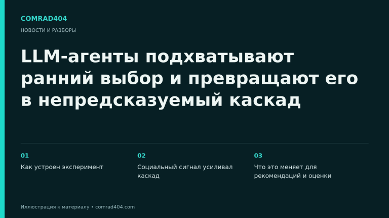 LLM-агенты подхватывают ранний выбор и превращают его в непредсказуемый каскад. Тематическая карточка Comrad404.