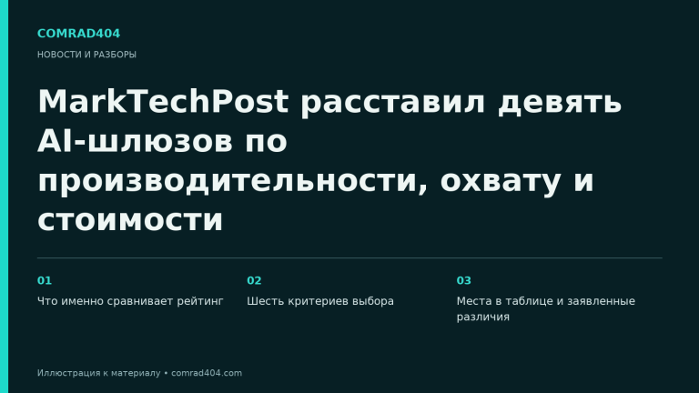 MarkTechPost расставил девять AI-шлюзов по производительности, охвату и стоимости. Тематическая карточка Comrad404.