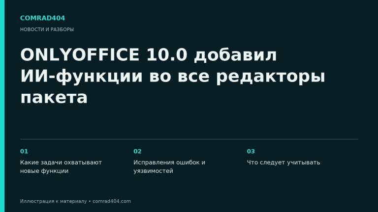 ONLYOFFICE 10.0 добавил ИИ-функции во все редакторы пакета. Тематическая карточка Comrad404.